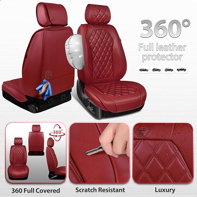 CAR PASS Burgundy Red Luxury Nappa Leather Seat Covers Front, 2 piece | 3D Rhombus Waterproof Leather Front Seat Covers, Universal Automotive Seat Cushion Fit for Sedan SUV Truck, Airbag Compatible