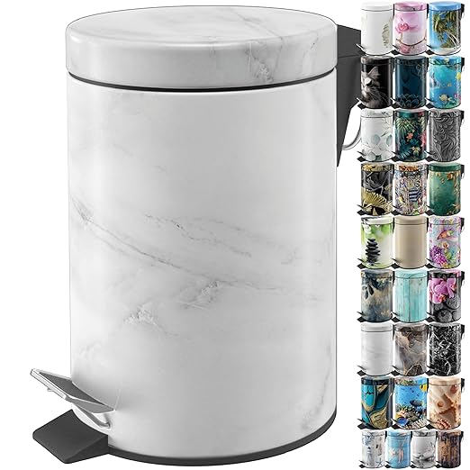 Sanilo Small Bathroom Trash Can with Lid [1.3 Gallon] - Lidded Tiny Trashcan for Garbage - Mini Metal Bin with Soft Closing Mechanism - Bath Room Accessoire Wastebin with Inner Bucket (Marble)