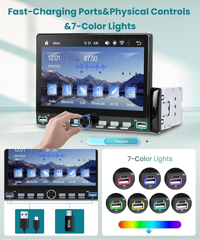 7’’ Single Din Radio Stereo with Wireless or Wired CarPlay Android Auto You-Tube, 1 Din Touchscreen Radio with Piano Keys,Car Stereo Support Mirror Link, Rear View Camera USB&Type-C FM SWC BT EQ MIC