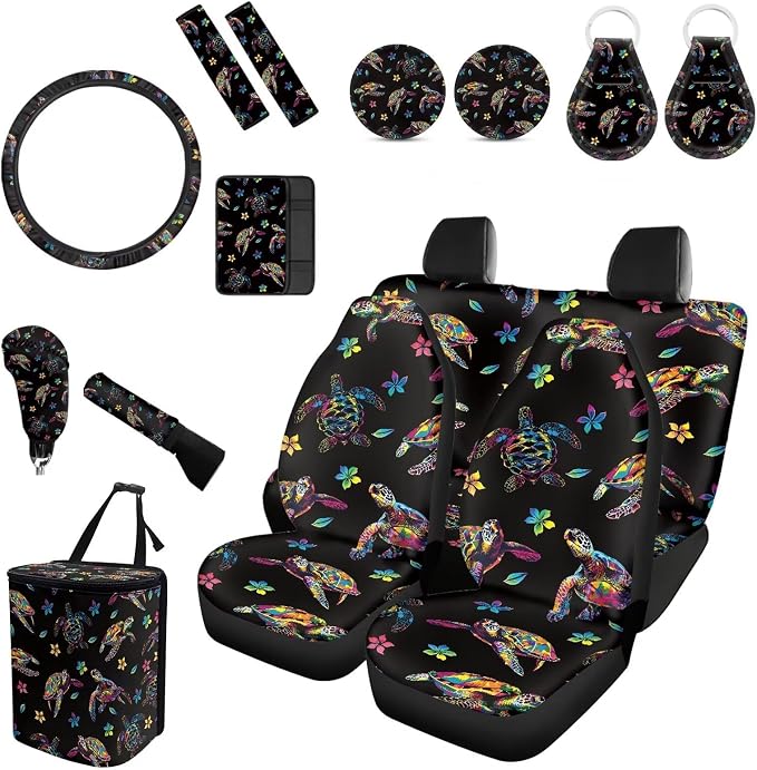 Forchrinse Colorful Sea Turtle Car Seat Cover Full Set+Steering Wheel Cover+Car Trash Can+Seatbelt Cover+Coaster+Keychain+Handbrake Gearshift Cover Men Women 15Pack Car Accessories Set