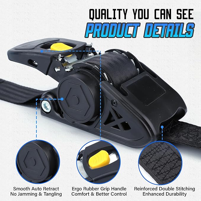 Retractable Ratchet Straps, 2'' x 10FT Self Retracting Ratchet Straps Heavy Duty with Soft Loops, 2204lb Break Strength Auto Tie Down Straps Easy Retract for Motorcycle, Truck, Cargo, 2 Pack
