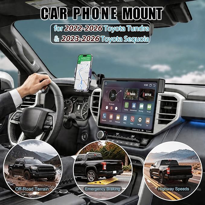 Car Phone Mount for 2022-2026 Toyota Tundra & 2023-2026 Toyota Sequoia, Smart Auto-Clamping on 14" Touchscreen, 15W Wireless Fast Charging, 360° Adjustable, Without Blocking Airflow