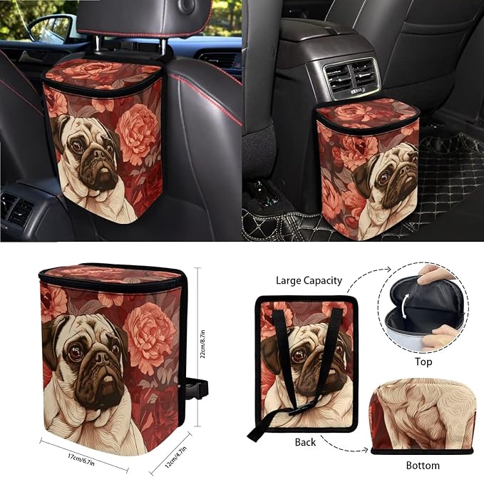 Pug Dog Flower Print Auto Seat Cushion + Steering Wheel Protector + Coaster + Mirror Cover + Seatbelt Pad + Trash Can + Air Vent Storage Poacket + Keychain, Set of 15