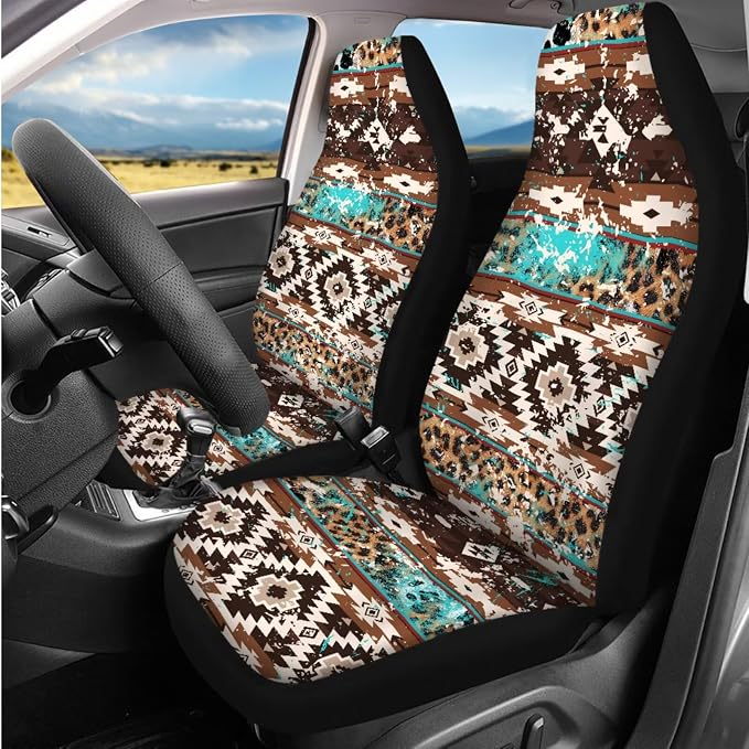 Bulopur Western Native American Automotive Seat Covers Set with Matching Steering Wheel Cover Breathable Center Console Cushion Pad Non-Slip Seat Headrest Cover 14 Pack Auto Interior Accessories