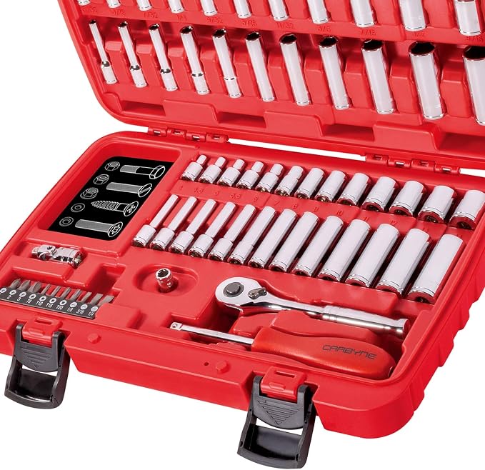 CARBYNE 65-Piece 1/4 in. Drive Socket and Ratchet Set, SAE and Metric, 6 Point, CrV Steel, 90-Tooth Ratchet, Deep and Standard Sockets, Storage Case