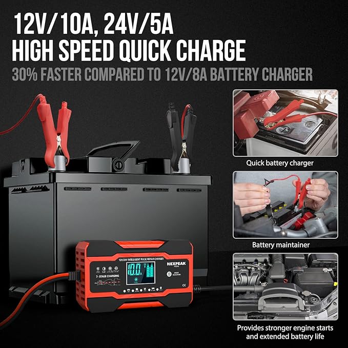 NEXPEAK NC201 10-Amp Battery Charger, Smart Trickle Charger 12V 24V Car Battery Charger Fully Automatic Maintainer Desulfator w/Temp Compensation for Car Truck Lawn Mower Boat Marine Batteries