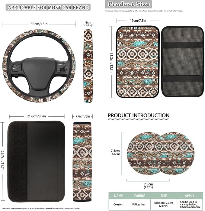 Bulopur Western Native American Automotive Seat Covers Set with Matching Steering Wheel Cover Breathable Center Console Cushion Pad Non-Slip Seat Headrest Cover 14 Pack Auto Interior Accessories
