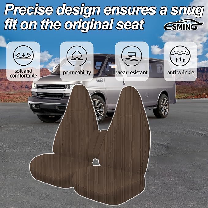 ESMING Front Heavy-Duty Oxford Fabric Seat Covers for Chevy Express 1996-2025 Front Bucket Seats Waterproof and Wear-Resistant, Easy to Install - Brown