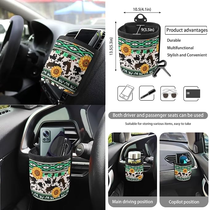 Aztec Sunflower Cowhide Print 15Pcs Car Seat Cover Full Set Car Steering Wheel Cover Seat Belt Cover Trash Bin Air Vent Storage Box Front Rear View Mirror Car Cup Holder Keychain