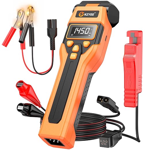 KZYEE KT80 Digital Timing Light with Tachometer (RPM), Advance, Dwell Meter & 0-35V Voltage Test, 60° Adjustable LED Strobe, USB-C Rechargeable & 12V Backup, for Distributor Gas Engines