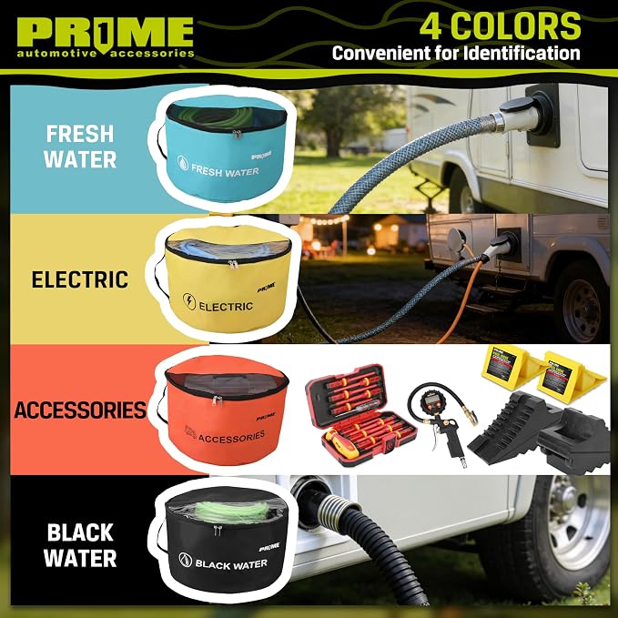 PR1ME 4 Pack Waterproof RV Hose Bag Storage, Two-Way Zipper Closures and Visible Cover, RV Utility Organizer for Sewer & Fresh Water Hoses, Electrical Cords & Camper Accessories, Color-Coded Design