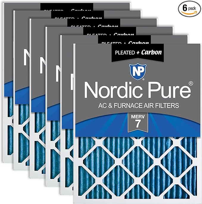 Nordic Pure 10x20x1 (Actual Size: 9 1/2 x 19 1/2 x 3/4) Pleated Air Filters MERV 7 Plus Carbon 6 Pack