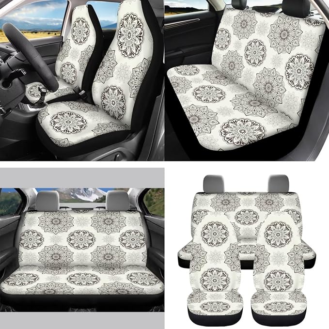 Neutral Tribal Car Seat Covers Set of 15 with Universal Steering Wheel Cover, Rearview Mirror Cover, Car Trash Can, Seatbelt Pads, Cup Holder Coasters, Keychains