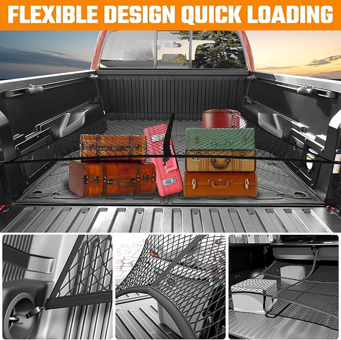 Truck Bed Mat and Net Compatible with 2024-2025 Toyota Tacoma 5FT Truck Bed Replacement, Truck Net TPE Cargo Bed Liner All Weather Cargo Mat for Toyota Tacoma Accessories