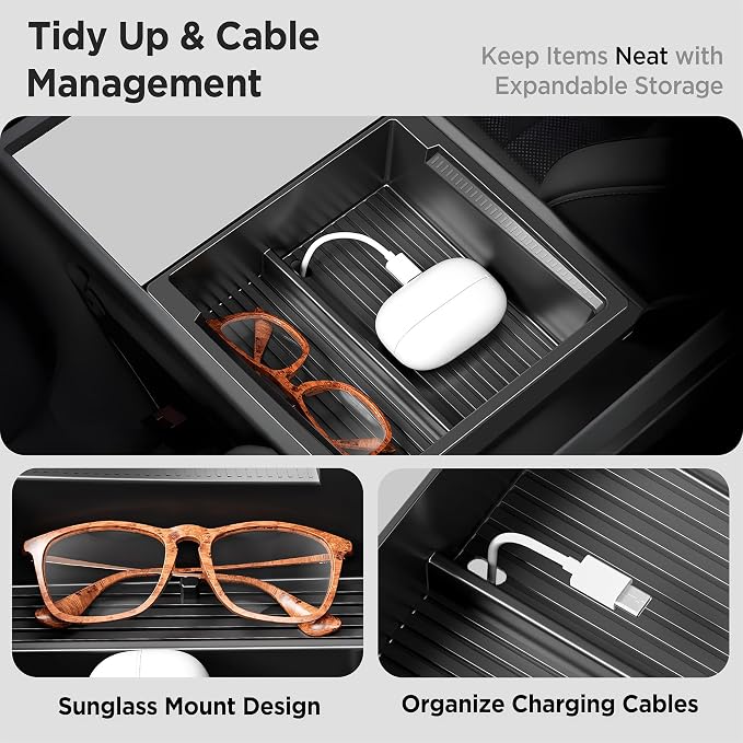 11PCS Center Console Organizer for Tesla New Model 3 Highland Under Center Armrest Storage Armrest Cover Hidden Storage Charger Pad for Tesla Model 3 Accessories 2024-2026 Black