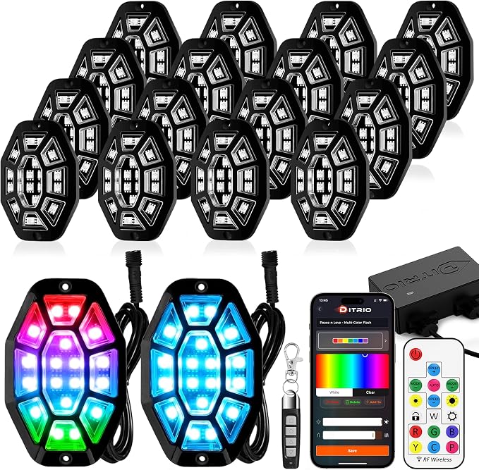 16 Pods 9 Sides RGB Rock Lights, App/2 Remote Control Led Underglow Lights Compatible with 12V Trucks Jeep UTV ATV Golf Cart, Brake Signal, Waterproof, Music Mode, Plug and Play, Multi-Color(Patented)