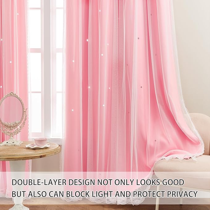 XiDi Pink Curtains for Girls Nursery Room 90 Inches Long Blackout Double Layer Curtains with Sheer Overlay for Kids Toddler Princess Bedroom Living Room Darkening Grommet Window Drapes W52 X L90
