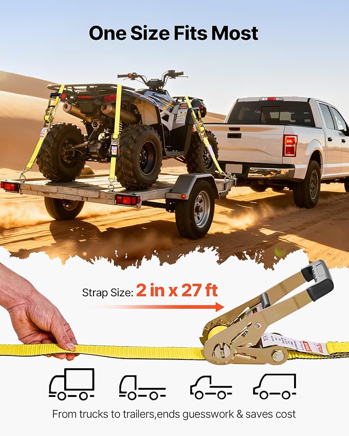 VEVOR Ratchet Tie Down Straps (4-Pack), 10000 lb Break Strength, Heavy Duty Double J Hooks, 2" x 27' with Padded Handles - Ideal for Moving, Securing Cargo, Appliances, Lawn Equipment, and More