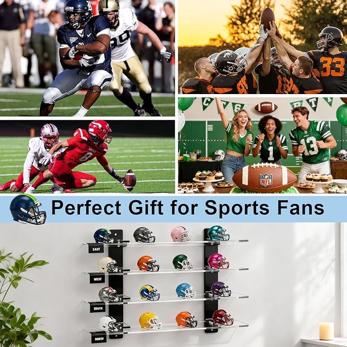 CHEPULA Wall Mount Mini Football Helmet Display Rack, Clear Acrylic Pocket Helmet Storage Stand with Hardware, Ideal Gift for Sports Fans, 11.81" x 10.6" x 2.83"(Clear)