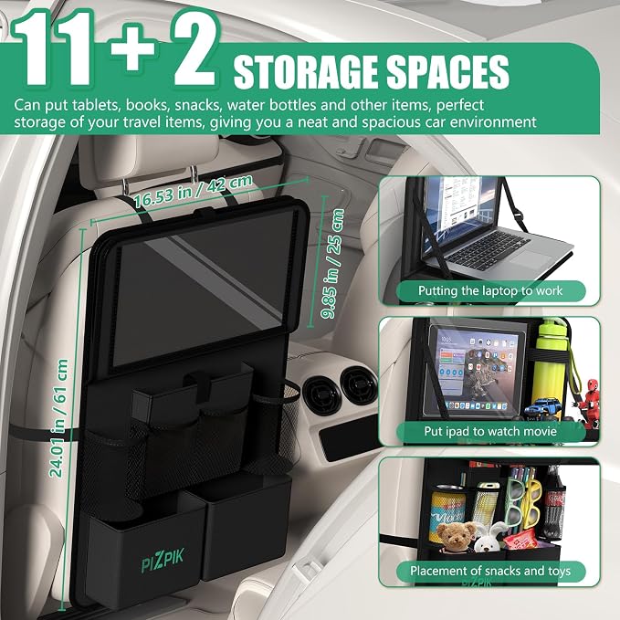 Plzpik Car Backseat Organizer with Tray(2Pack),13 Storage Pockets with Foldable Food Tray, Protector Kick Mats for Kids, Travel Accessories Organizer (Black)