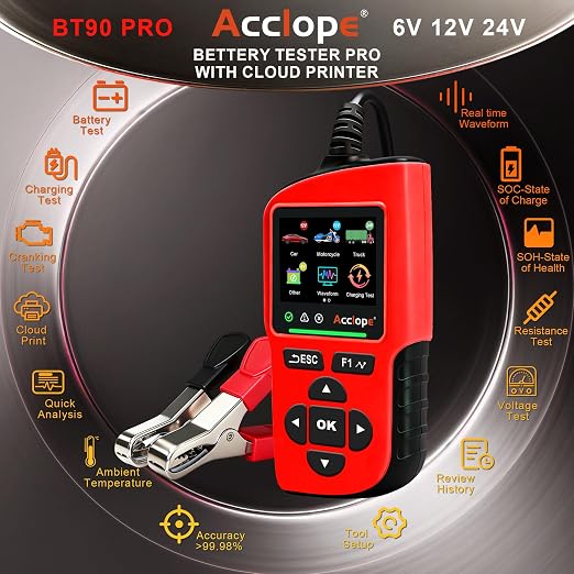 BT90 PRO 2-360Ah Battery Tester with Cloud Printing, 30-3800 CCA, 6V/12V/24V Digital Analyzer, SOH/SOC/Volt/Res/Cranking&Charging Test, Real‑Time Ambient Temp, AGM/EFB/Gel/Li