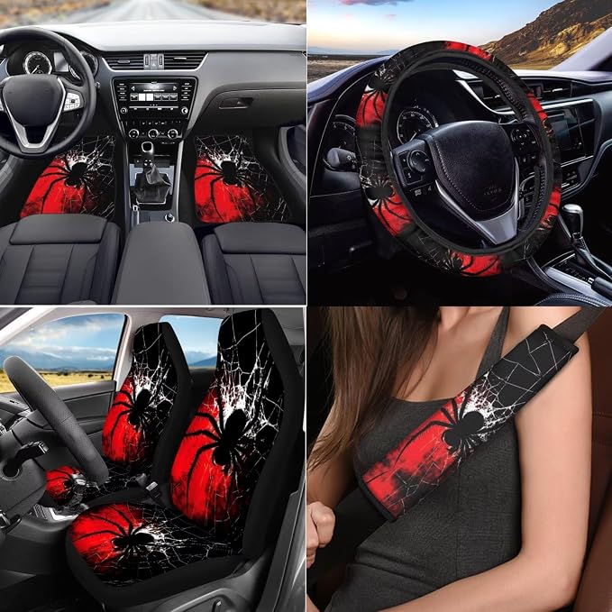 Gothic Spider 17 Pcs Car Accessories Seat Covers Full Set Steering Wheel Cover Floor Mats Center Console Pad Cup Holders Seat Belt Pads for Women Men Car Interior Decor