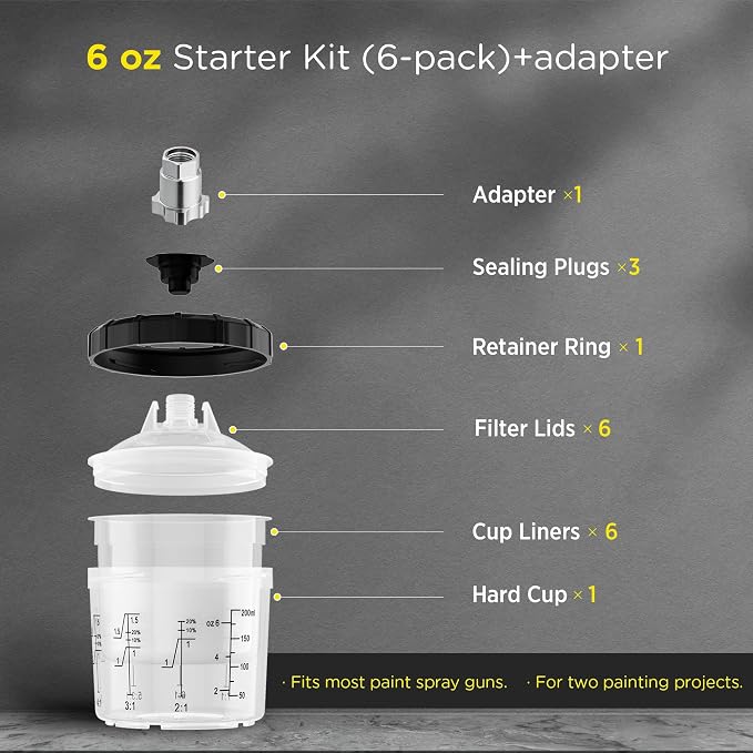 InoKraft Disposable Paint Spray Gun Cup, Mini 6 Ounce (180ml) Kit with 6 Cups and Lids, 1 Hard Cup with Retainer Ring, 3 Plugs, Paint System for HVLP LVLP Spray Gun with Adapter for Beginner