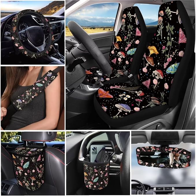 Dreaweet Mushroom Car Seat Covers Full Set for Women Cute Car Accessories Interior Car Steering Wheel Cover Seatbelt Covers Trash Bin Rear View Mirror Cover Cup Holders Keychain Air Vent Storage Pouch