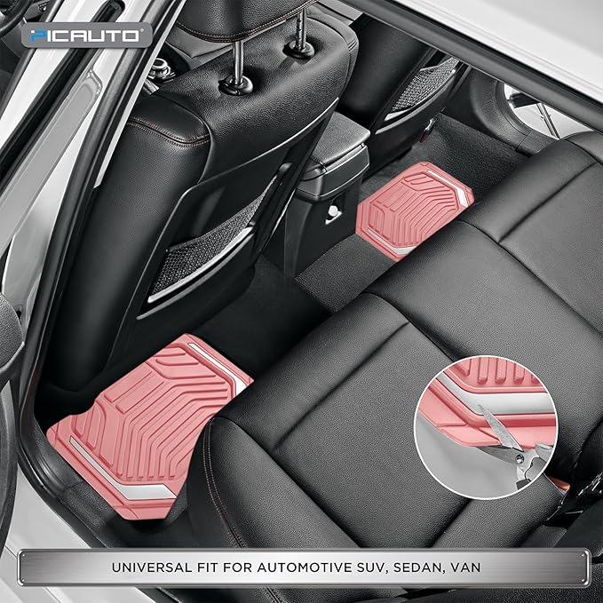 PIC AUTO Heavy Duty Pink Rubber Floor Mats, Silver Aluminum Film Car Mats Set, Front and Rear Car Mats with Anti-Slip Backing, All Weather Protection, Trim-to-Fit for Automotive SUV, Sedan, Van