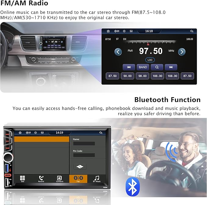 7" Double Din Car Stereo Compatible with Wireless Apple Carplay Android Auto|Bluetooth 5.2|180W Outputs|Subwoofer|FM|AM|USB|38W Fast Charge|Physical Knob|Backup Camera|Stereo for 7x4.02 2 DIN Size