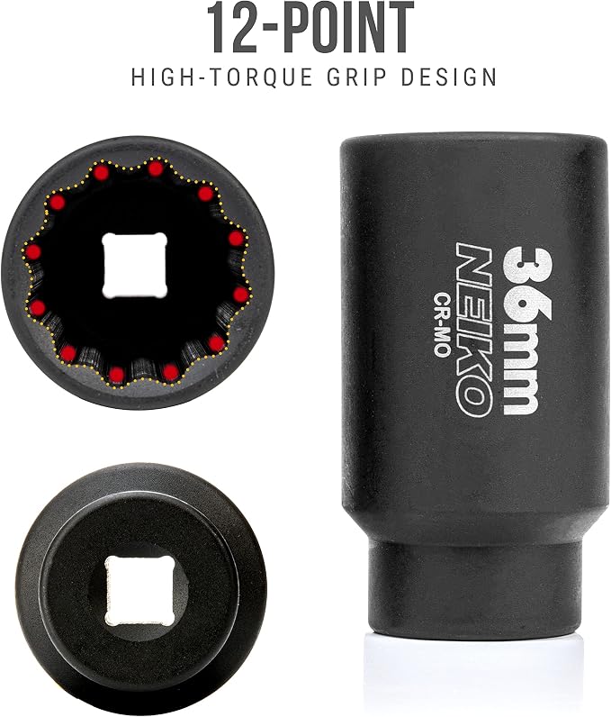 NEIKO 02527A 36mm Socket | 1/2” Drive Deep Impact Socket | Spindle & Axle Nut Socket | 12 Point |Chrome Molybdenum Cr-Mo |Deep Well Hub | Triple Square | Axle Shaft Nut Remover