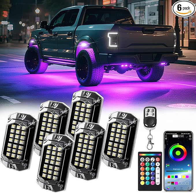 6 Pods 230° Ultra Wide RGBW LED Rock Lights, Bright 6500K Pure White & Smart Brake Sync, IP68 Waterproof Multicolor Underbody Glow Kit for ATV UTV RZR Truck, APP/RF Remote Offroad Underglow Lights
