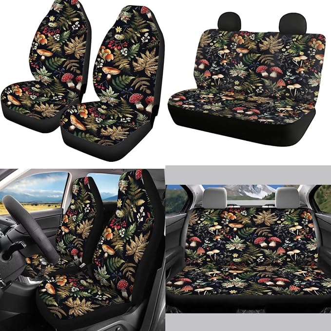 Mumeson Leaves Mushroom Car Seat Covers Full Set with Steering Wheel Cover + Seat Belt Strap Pads Shoulder Pad + Armrest Cushion for Car 8 Pack Set Car Accessories Decor