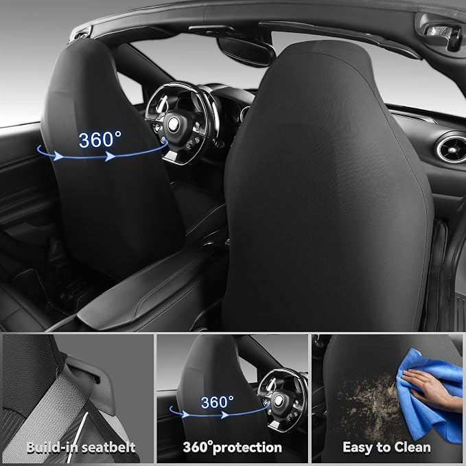 CAR PASS Sporty High Back 3D Oxford Waterproof Car Seat Cover Two Front, Bucket Carbon Fiber Leather Seat Cover, Built-in Seat Belt Armrest Compatible Fit for Sports Car SUV Sedan Truck All Black