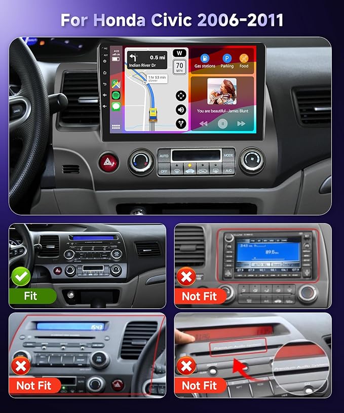 Podofo Radio for Honda Civic 2006 2007 2008 2009 2010 2011 Car Stereo with Wireless CarPlay Android Auto 10.1 Inch 1080P Touchscreen 5G WiFi DSP EQ GPS Bluetooth RDS FM Camera 4Core 64G