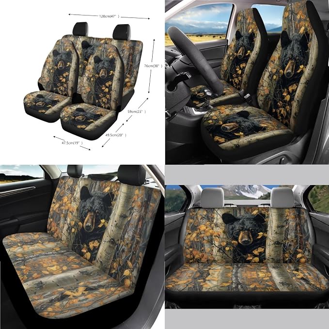 Universal Automotive Seat Covers & Accessories Full Set Bear Camo Hunting Car Front and Rear Seat Covers Steering Wheel Cover Armrest Cushion Safety Belt Pads Cup Cushions