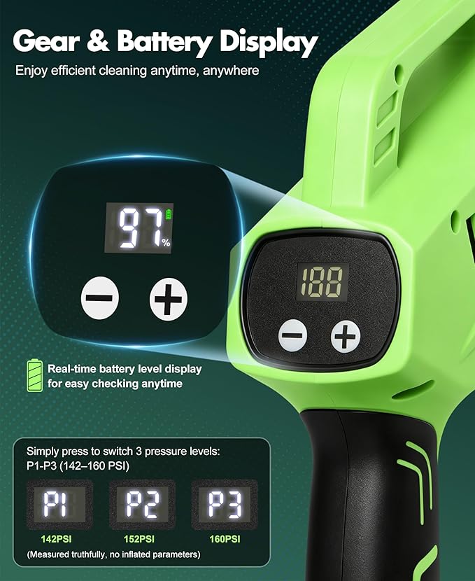DeeprClean Cordless Car Washer with 6-in-1 Nozzle, Portable Vehicle Cleaning Tool with Brushless Motor |3 Adjustable Levels & Battery Display | Lightweight Spray Tool for Car, Patio Outdoor Use-Lime