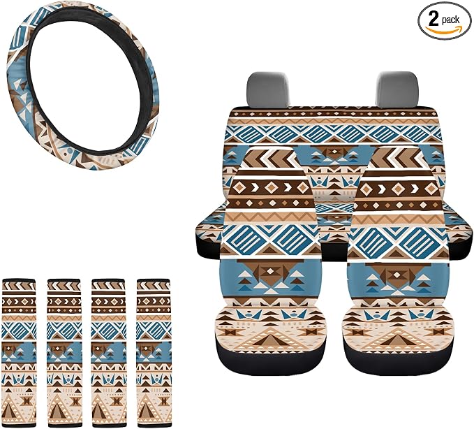 Aztec Seat Covers Full Set with Western Steering Wheel Cover, Shoulder Pads, Seat Covers Car Accessories Universal Fit for Most Cars, Blue and Brown