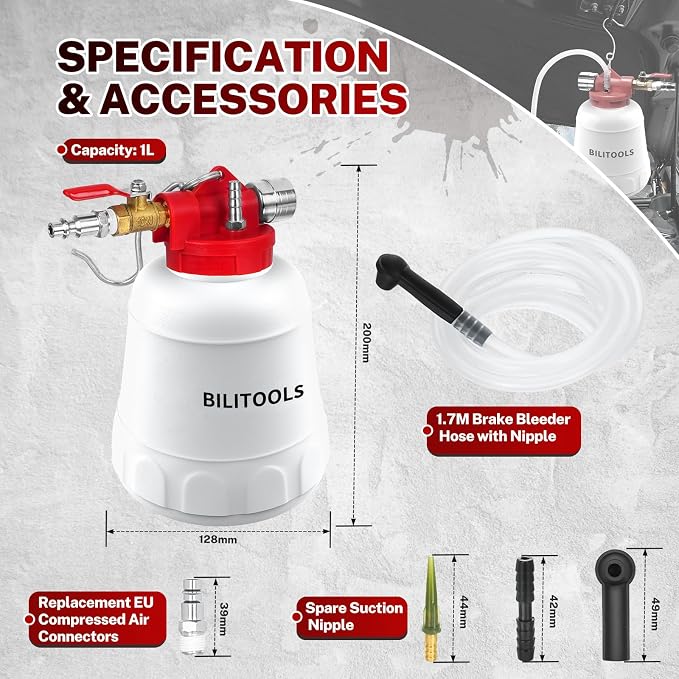 BILITOOLS 1L Universal Brake Bleeder Kit, Vacuum Brake Fluid Bleeding Tool | Pneumatic One Person Brake System Clutch Fluid Extractor Kit, Quick, Clean & Efficient