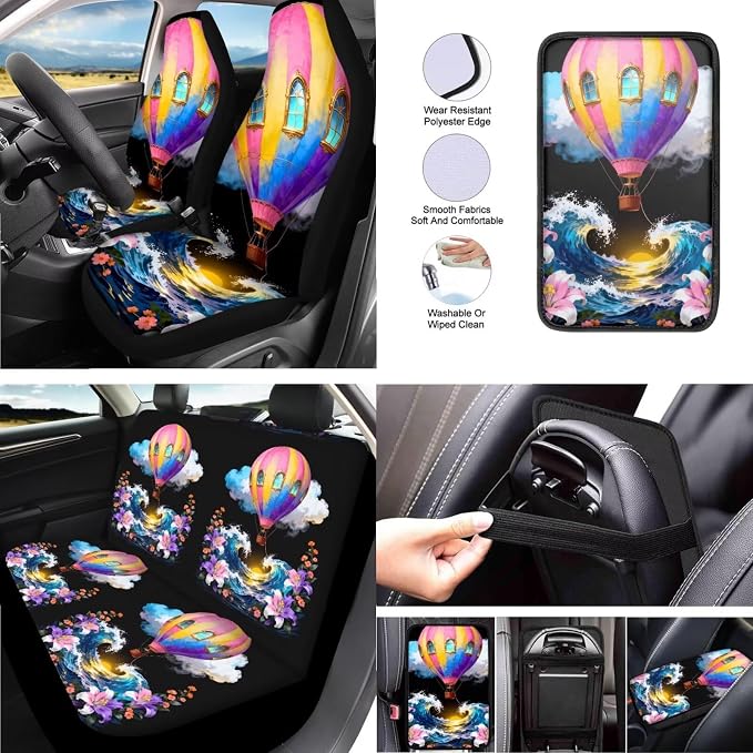 Balloon 13 Pcs Car Seat Covers Full Set, Ocean Wave Hot Air Balloon Auto Front and Rear Bench Seat Protector, Tropital Hibiscus Steering Wheel Sleeve Auto Armrest Cover