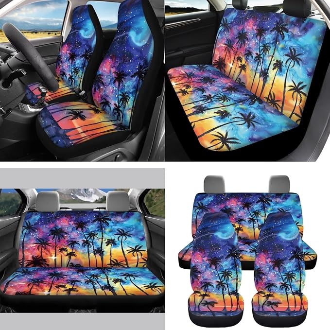 Tropical Palm Tree 15 Piece Car Seat Covers Full Set Car Steering Wheel Cover Auto Safe Belt Pads Cup Coasters Garbage Can Rear View Mirror Cover Keychains Wristlet Strap