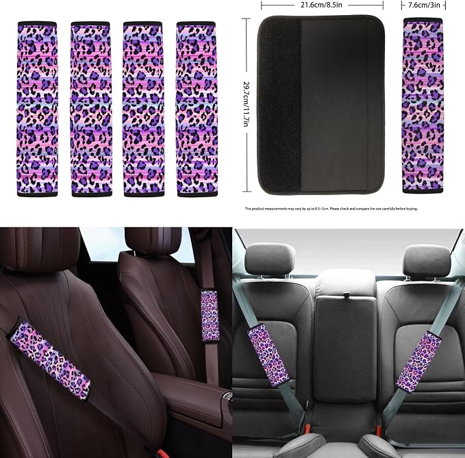 18 Pcs Purple Leopar Print Car Seat Cover SUV Full Set Cheetah Print Steering Wheel Cover+Center Console Pad+Armrest Cover+Seat Safety Belt Pad+Seatbelt Covers+Cup Mats+Keychain