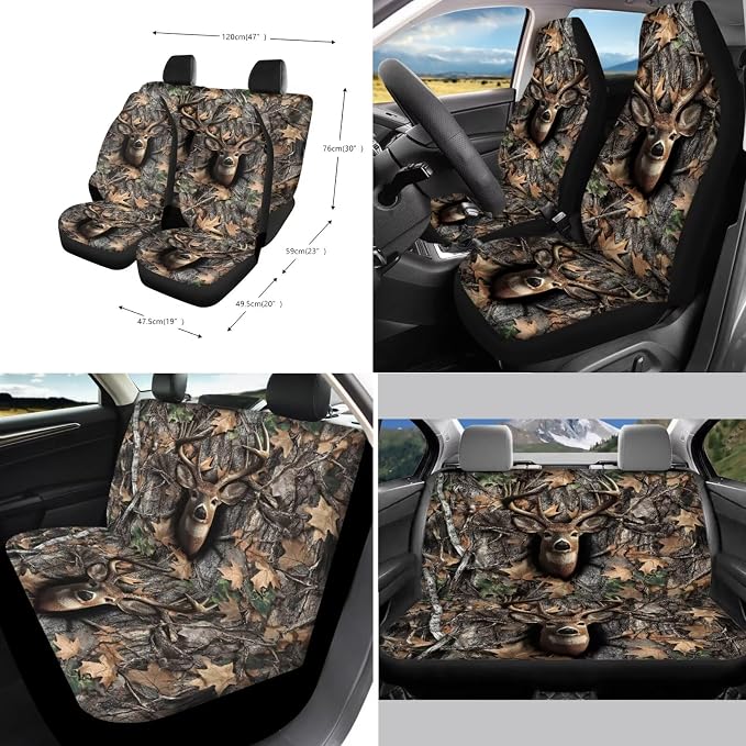 Suobstales Deer Hunting Camo Print Car Accessories Car Seat Covers Full Set of 11, Auto Interior Cover Seat Protector with Steering Wheel Cover, Seat Belt Pads, Coaster, Keychains