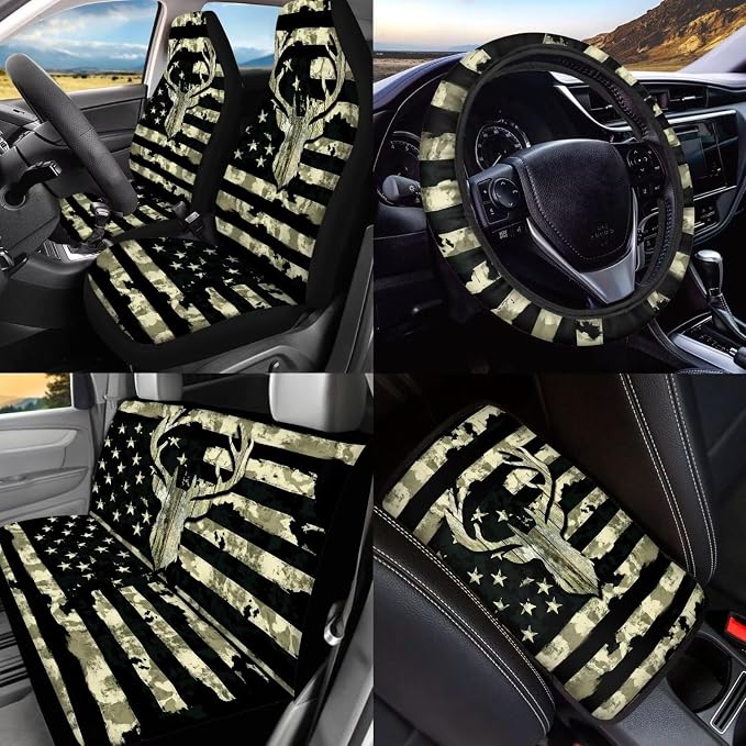 BIGCARJOB American Flags Deer Car Front Rear Seat Covers Full Set for Men Auto Interior Accessories 15 Pack Car Headrest Cover,Car Trash Can,Car Seat Protector Set