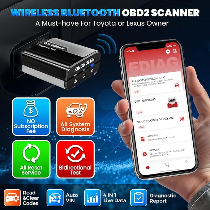 OBD2 Scanner Bluetooth for Toyota & Lexus, KINGBOLEN SOLOSCAN Bidirectional Full System Diagnostic Tool with Reset Services & Active Tests, Lifetime Updates, iOS & Android App Required, AutoVin