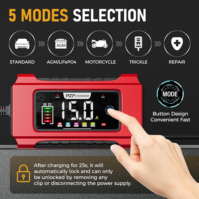 PZP 15-Amp 12V/24V Smart Battery Charger, Maintainer & Trickle Charger for LiFePO4, Lead Acid Batteries - Fully Automatic 9-Stage Charging w/Temp Compensation for Motorcycle Car Truck Lawnmower Boat
