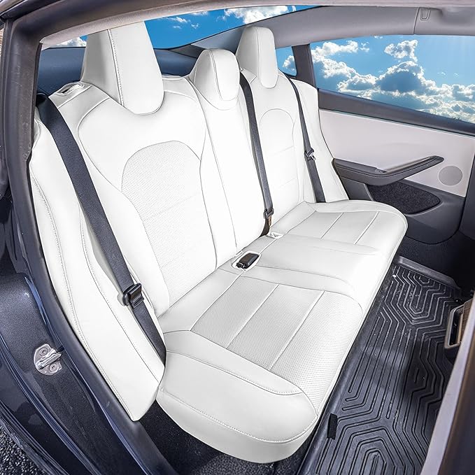 FH Group Custom Fit Seat Covers Compatible with Tesla Model 3 2024–2026 Full Set Seat Covers for Tesla Sedan (Front Seats + Rear Seats) Faux Leather Car Seat Covers, Solid White
