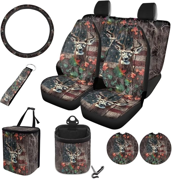 Deer Wood American Flag Print Auto Seat Covers Full Set, Maple Leaf 10 Pcs Universal Fit Car Accessories Steering Wheel Cover Car Trash Bin Keychain Coasters Air Vent Storage Box