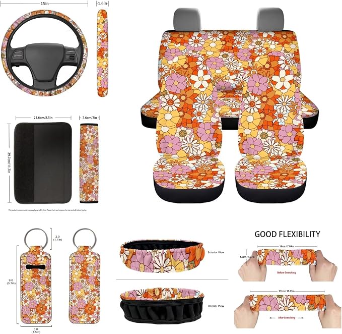 Cottagecore Car Accessory Abstract Hippie Flower Car Seat Covers Elastic Auto Steering Wheel Cover+Non Slip Coaster+Gear Shift Knob & Handbreak Cushion +Mirror Cover for Most Vehicle