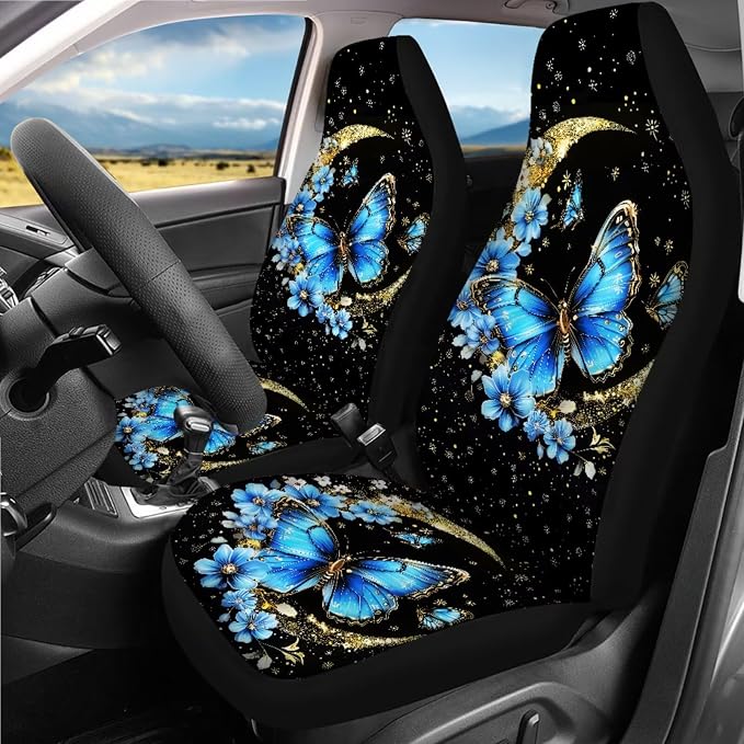 Butterfly Moon Car Seat Covers Full Set 18 Pieces Universal Car Interior Accessories Set with Blue Butterfly Flower Print Car Seat Belt Pads Cover Car Headrest Covers Cup Coasters Keychain